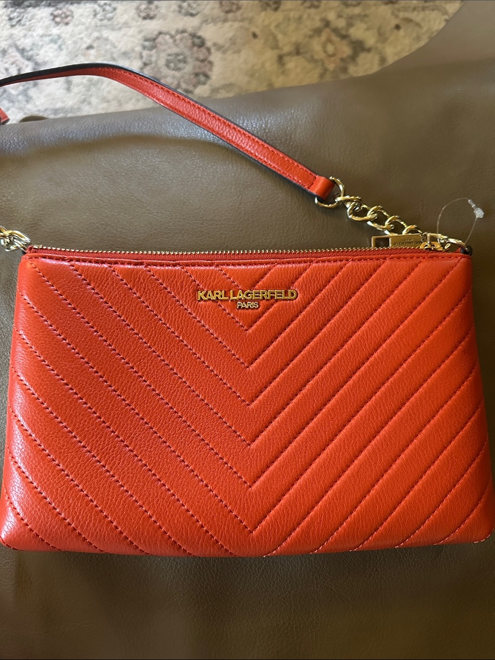 Karl Lagerfeld Orange Quilted Chain Strap Crossbody